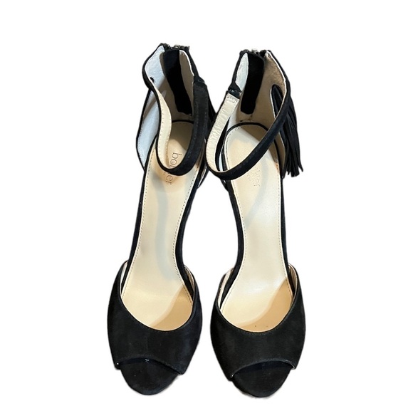 Women’s Botkier Peep Toe Heels Size 8 Black Suede Zip Back Tassels - Picture 5 of 5